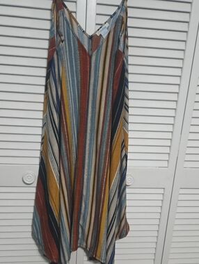 Boho Striped Asymmetrical Maxi Dress in Mustard, Rust & Blue
